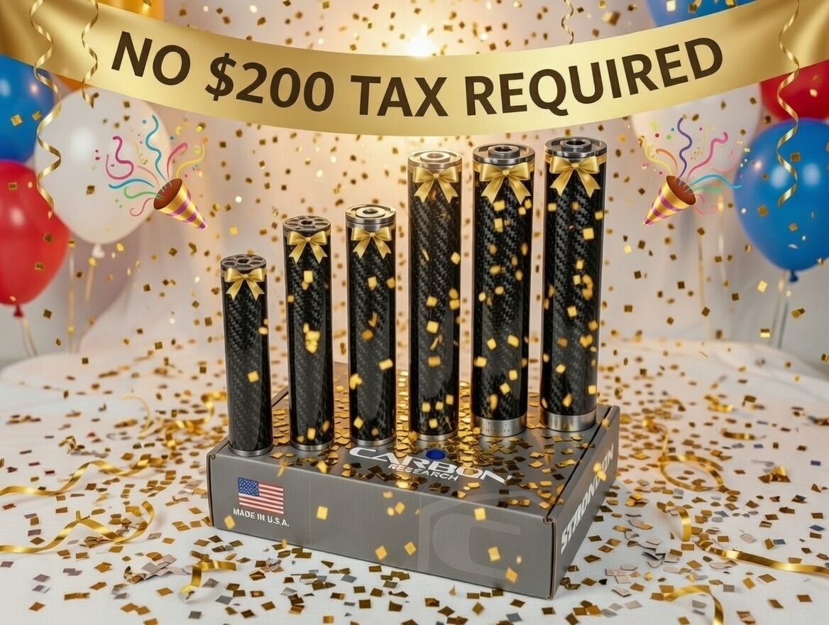 Carbon Research USA promotional display: No $200 Tax Required on premium carbon fiber suppressors, featuring festive presentation with gold ribbons, bows, confetti, and Made in U.S.A. branding