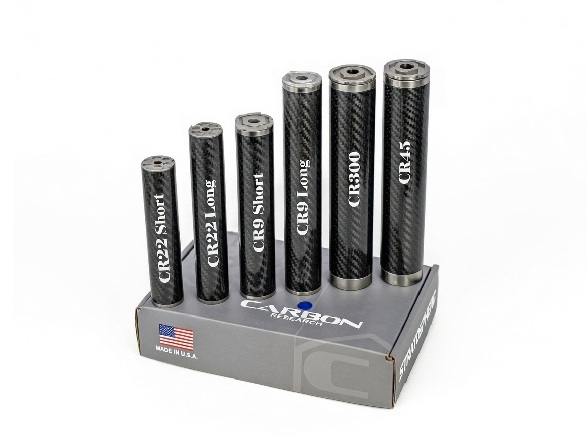 Carbon Research suppressor lineup including CR22 Short, CR22 Long, CR9 Short, CR9 Long, CR300, and CR45 models
